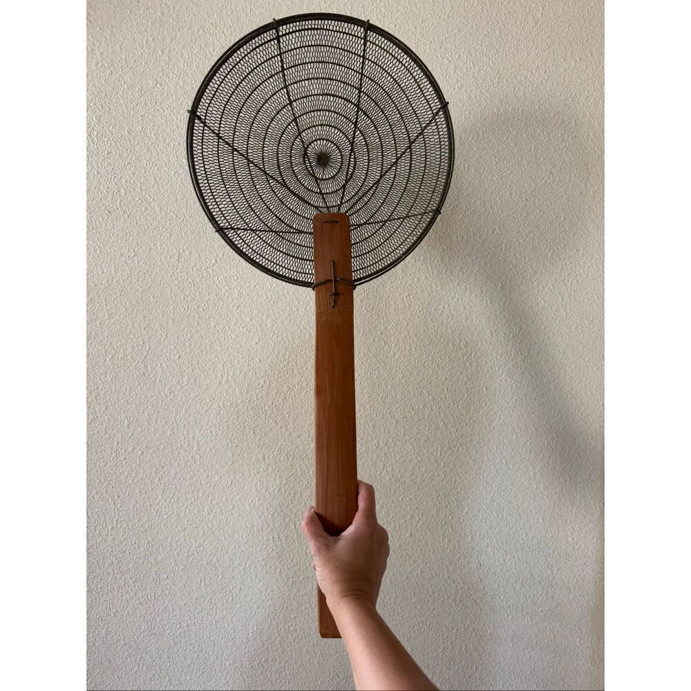Vintage Chinese spider skimmer long wooden handle fry scoop bronze mesh